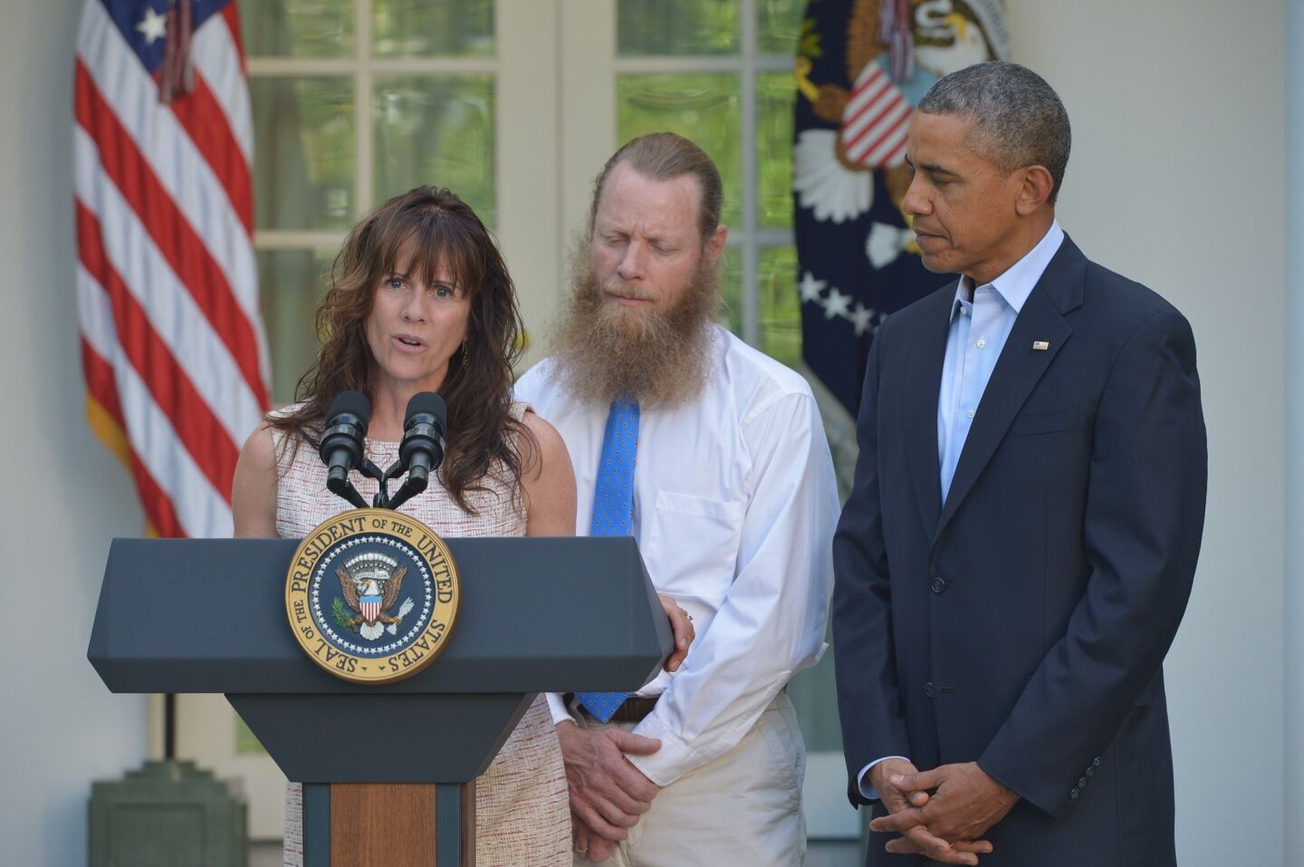 Bowe Bergdahl's mother, Jani Bergdahl, with Bob Bergdahl and President Obama, speaks at the White House on May 31.