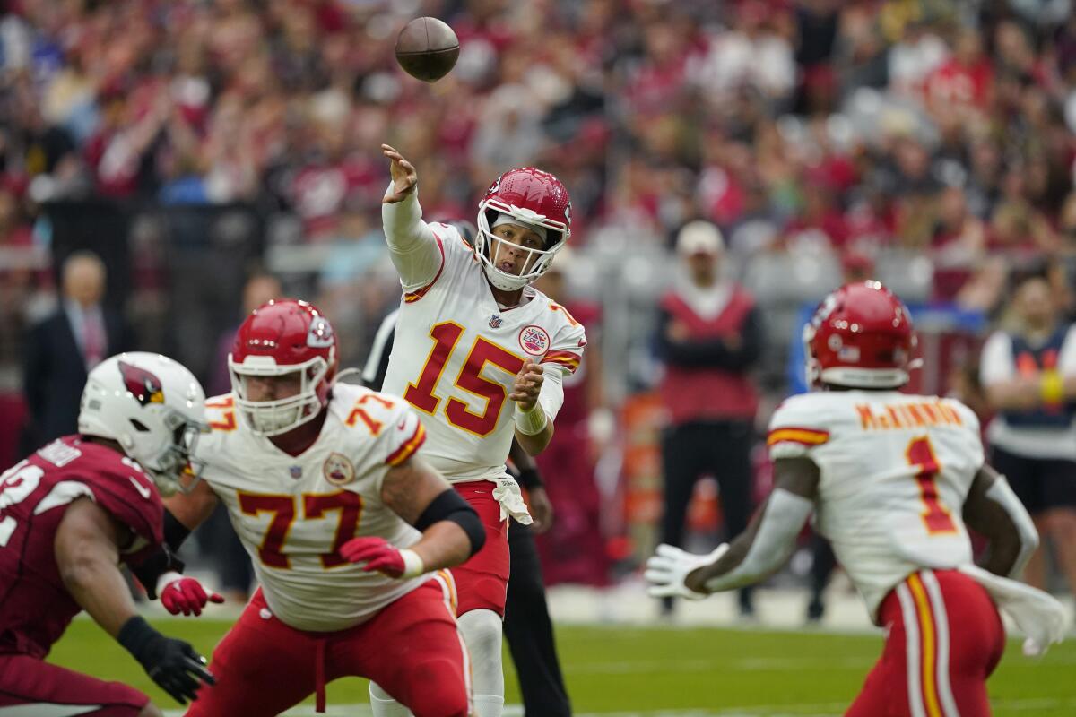 Kansas City Chiefs quarterback Patrick Mahomes throws against the Arizona Cardinals.