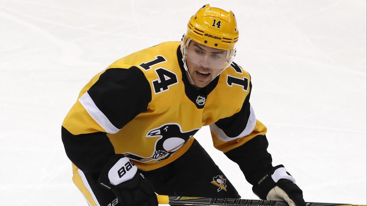 Pittsburgh Penguins' Tanner Pearson skates during the first period of the team's game against the Tampa Bay Lightning.