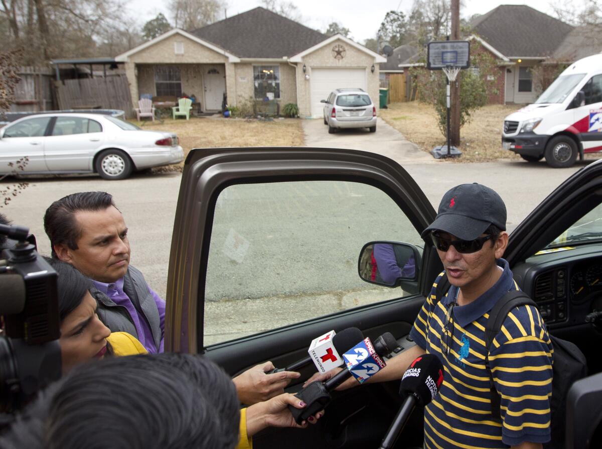 FILE - In this Jan. 26, 2018, file photo, Ernesto Valladares, brother of Ulises Valladares, speaks to the media across from his brother's home where Ulises and his son were bound by a pair of men and then Ulises was taken away by the kidnappers and later killed Valladares during an FBI raid in Conroe, Texas. A recent appeals court ruling that provided immunity for the FBI agent who fatally shot the kidnapped Houston area man during a botched rescue attempt is being legally challenged, the man's family and attorney said Tuesday, May 4, 2021. (Jason Fochtman/Houston Chronicle via AP, File)