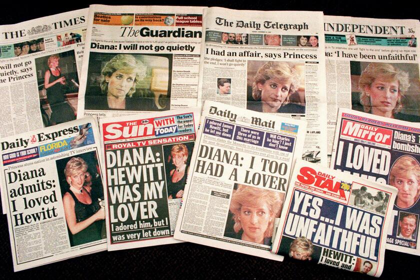 FILE - In this Nov. 21, 1995 file photo a selection of front pages of most of Britains's national newspapers showing their reaction to Princess Diana's television interview with BBC journalist Martin Bashir. Prince William and his brother Prince Harry have issued strongly-worded statements criticizing the BBC and British media for unethical practices after an investigation found that Bashir used "deceitful behavior" to secure Princess Diana's most explosive TV interview in 1995. (AP Photo/Martin Cleaver, File)