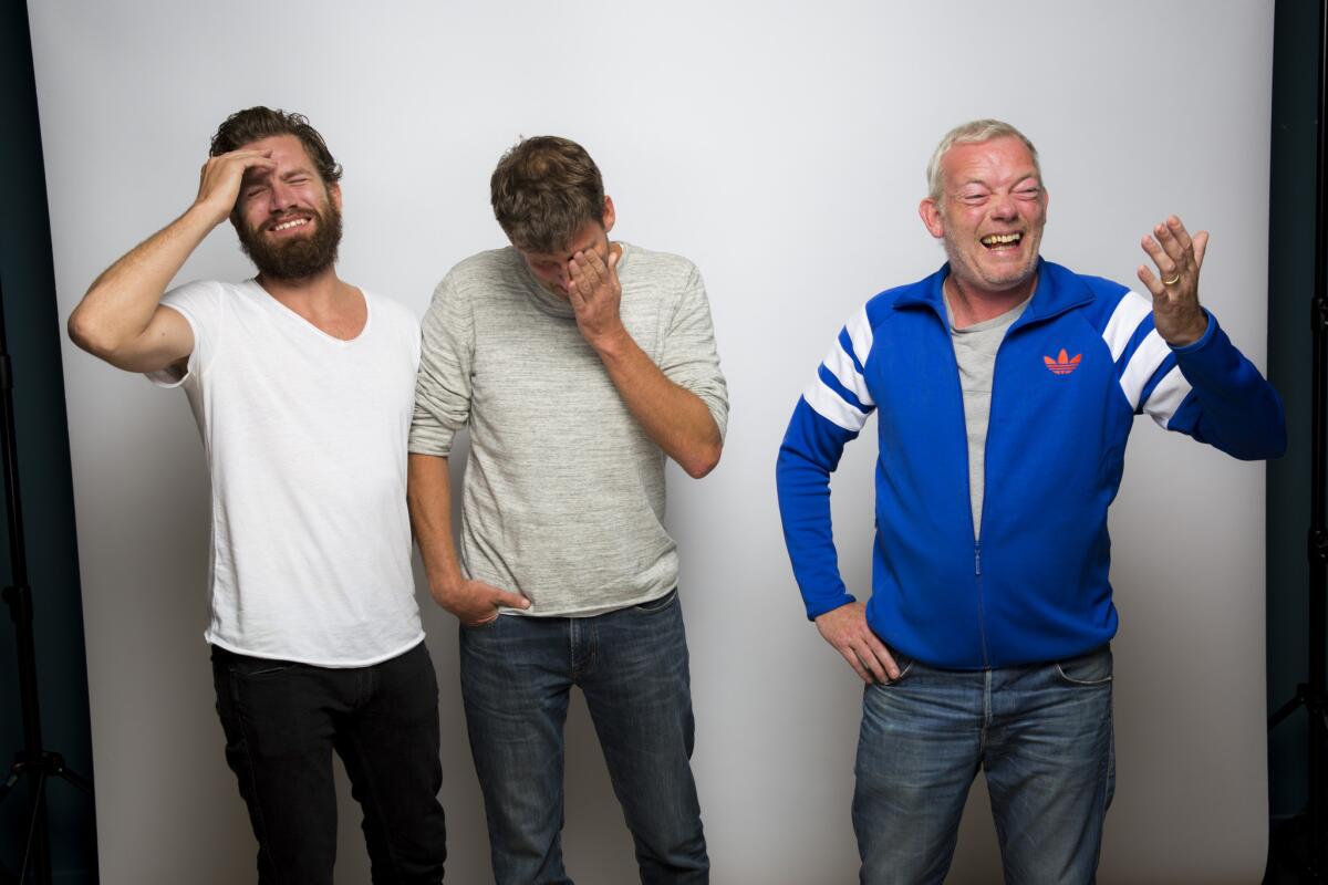 TORONTO, ON, CA--MONDAY, SEPTEMBER 14, 2015- Nikolaj Lie Kaas, Anders Thomas Jensen and Søren Malling, from left, with the film, "Men & Chicken," photographed in the L.A. Times photo studio at the 40th Toronto International Film Festival, in Toronto, Ontario, Canada. (Jay L. Clendenin / Los Angeles Times)