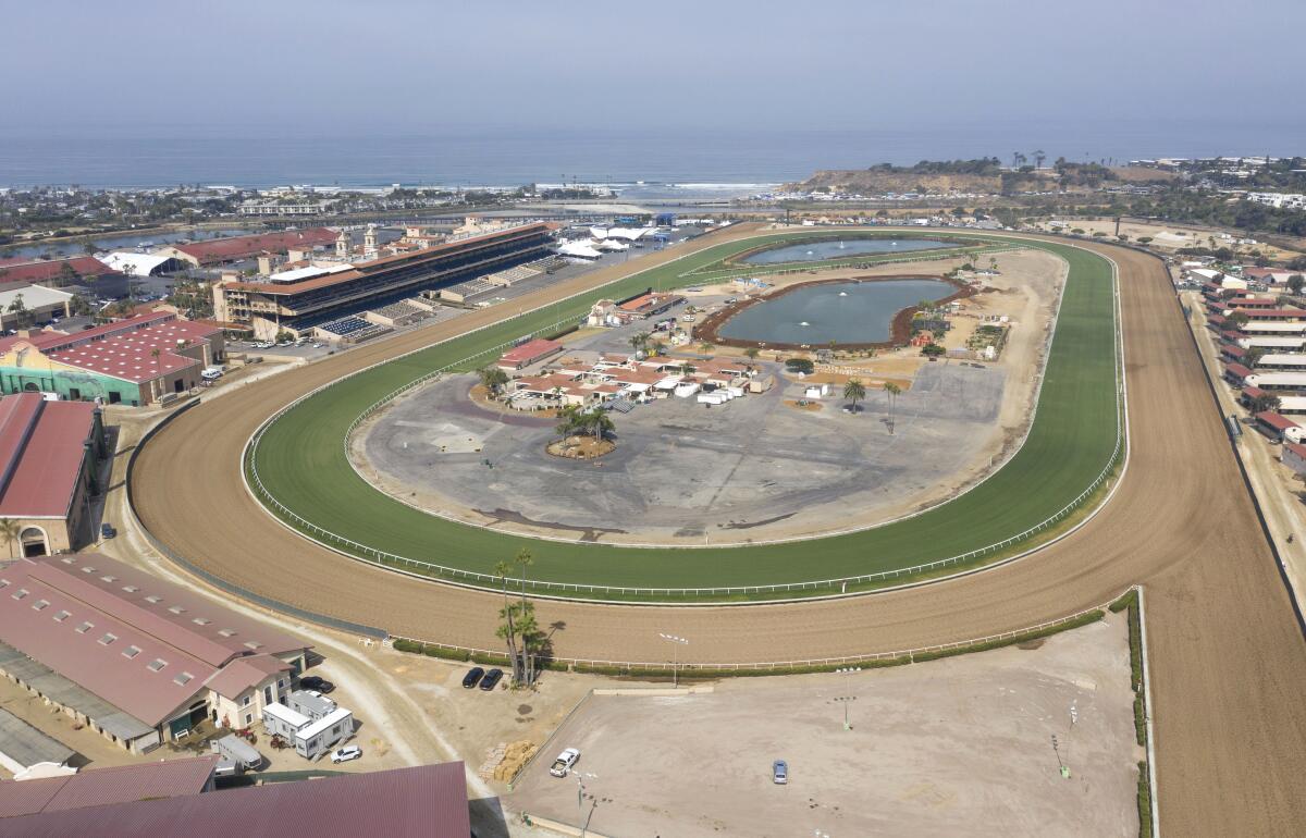 High angle view of the Del Mar Racetrack at 10:00 a.m. when the sun comes out and morning workouts on the track end.