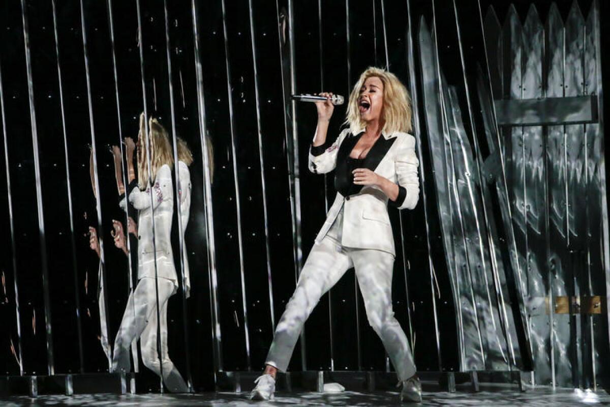 Katy Perry performs "Chained to the Rhythm" at the Grammys.