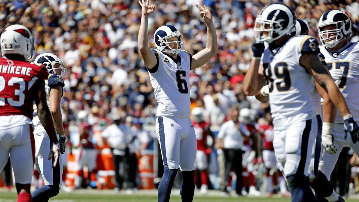 Rams punter Johnny Hekker, pressed into kicking duty, celebrates after making a field goal against the Arizona Cardinals in the first half at the Coliseum on Sept. 16, 2018.