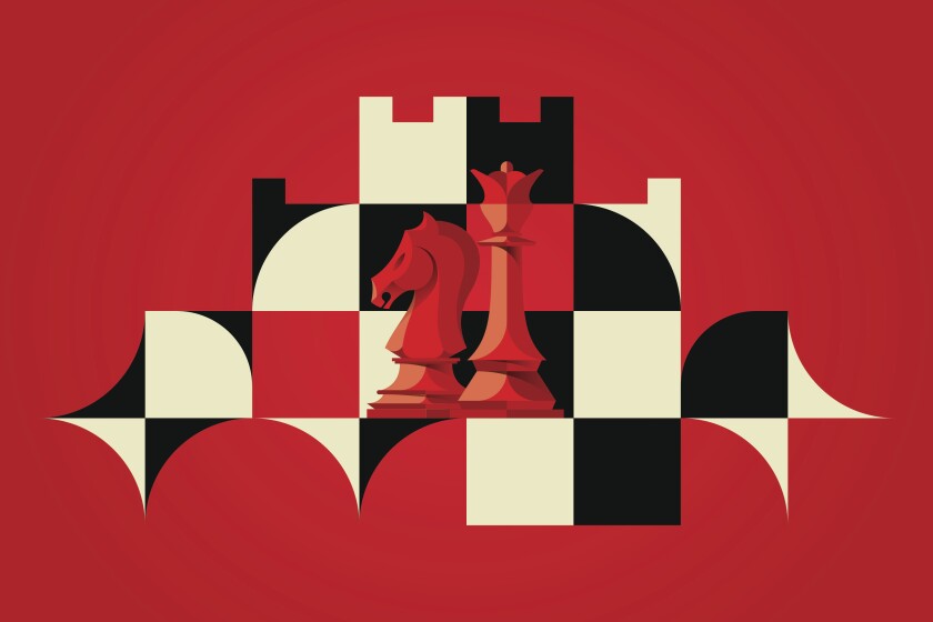 Illustration of a queen and knight on a chessboard shaped like a castle.