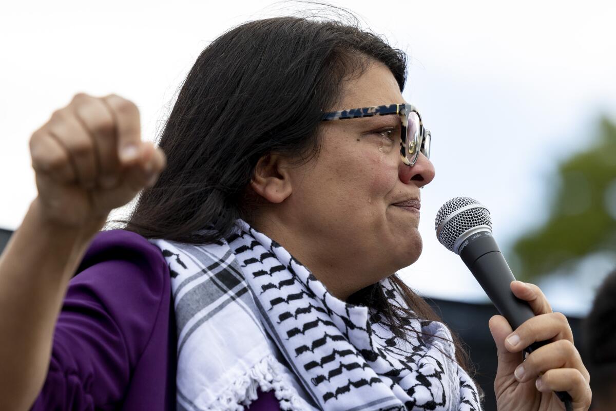 A woman in glasses and a traditional Palestinian scarf gestures while speaking into a microphone 