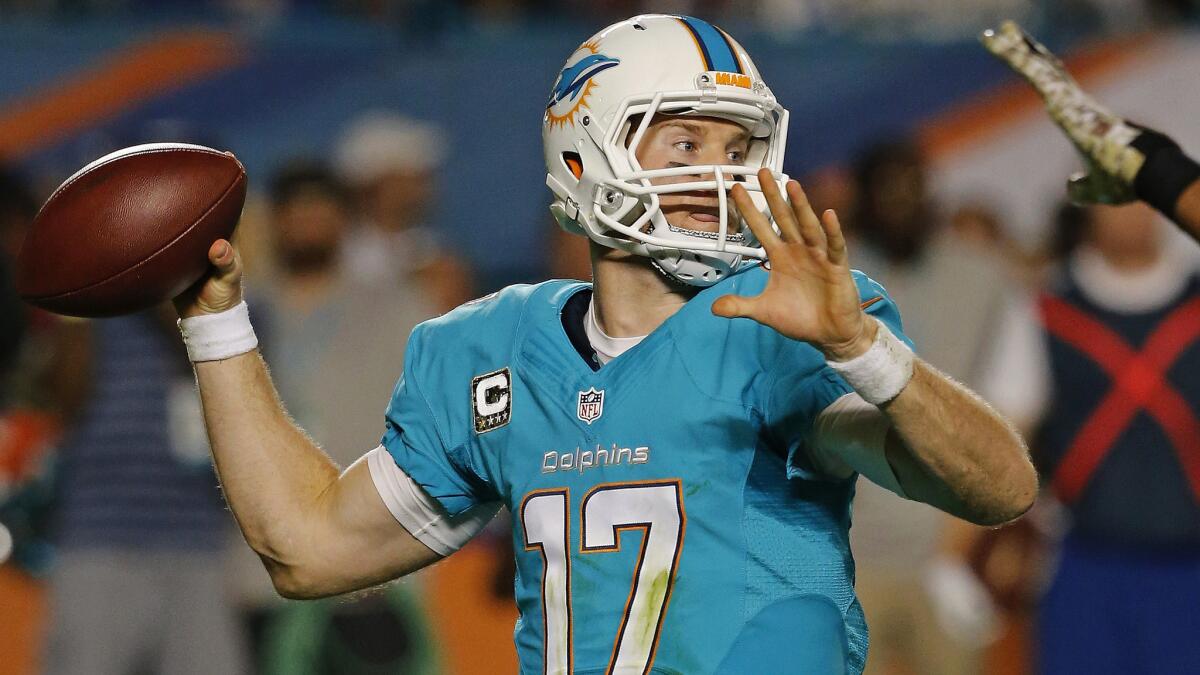 Miami Dolphins quarterback Ryan Tannehill passes during the second quarter of Thursday's win over the Buffalo Bills.