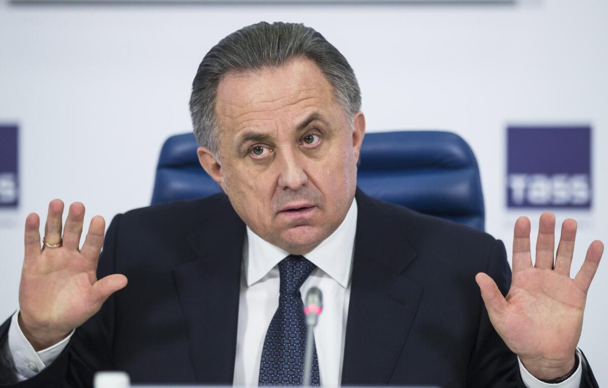 Russian Sports Minister Vitaly Mutko speaks during a news conference in Moscow on Dec. 25.