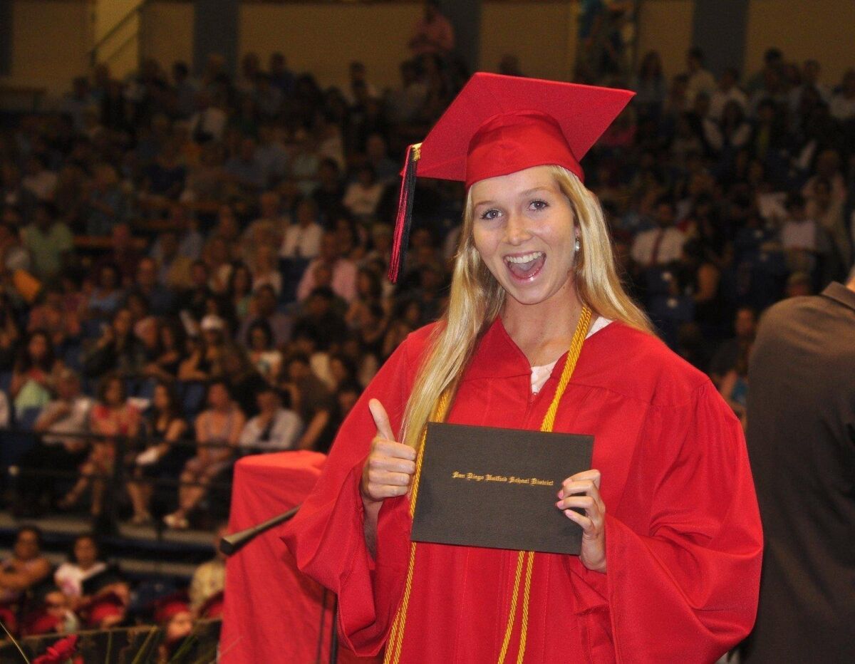 La Jolla High School graduate Jillian Murry gives a "thumbs up" as she receives her diploma in 2016. This year the school will hold a pre-graduation drive-through celebration Tuesday, June 2.