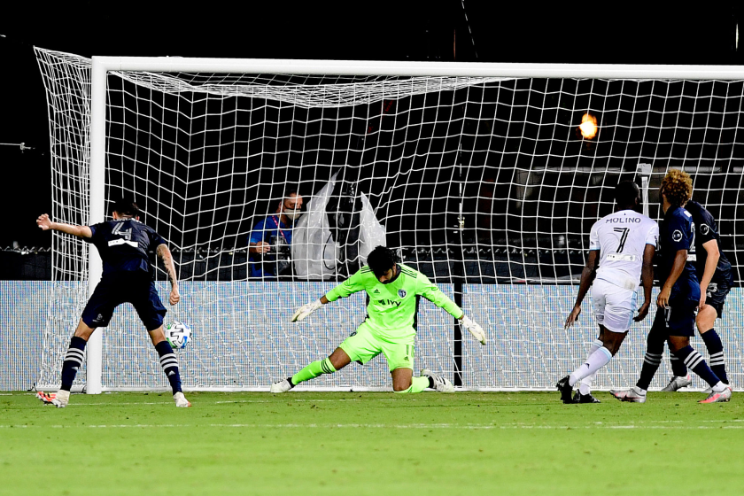 Kevin Molino of Minnesota United scores the game-winning goal during the second half.