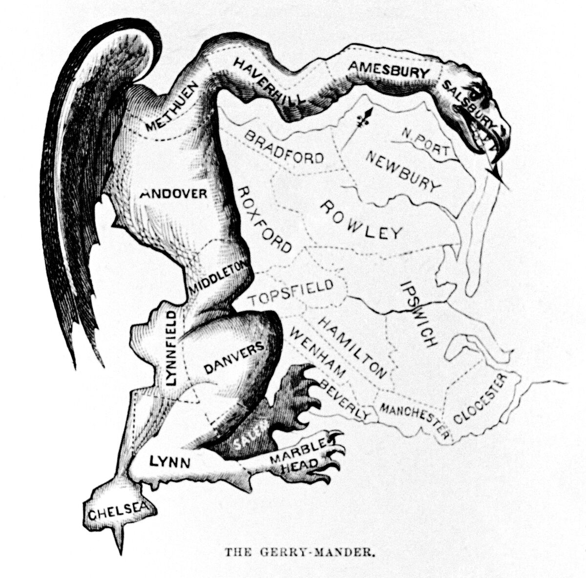 The term "gerrymander" stems from this Gilbert Stuart cartoon of a Massachusetts electoral district twisted beyond reason.