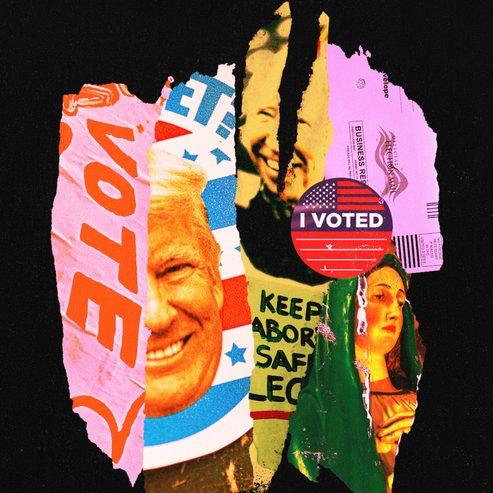 Collage of photos of Trump, I voted stickers, ballots