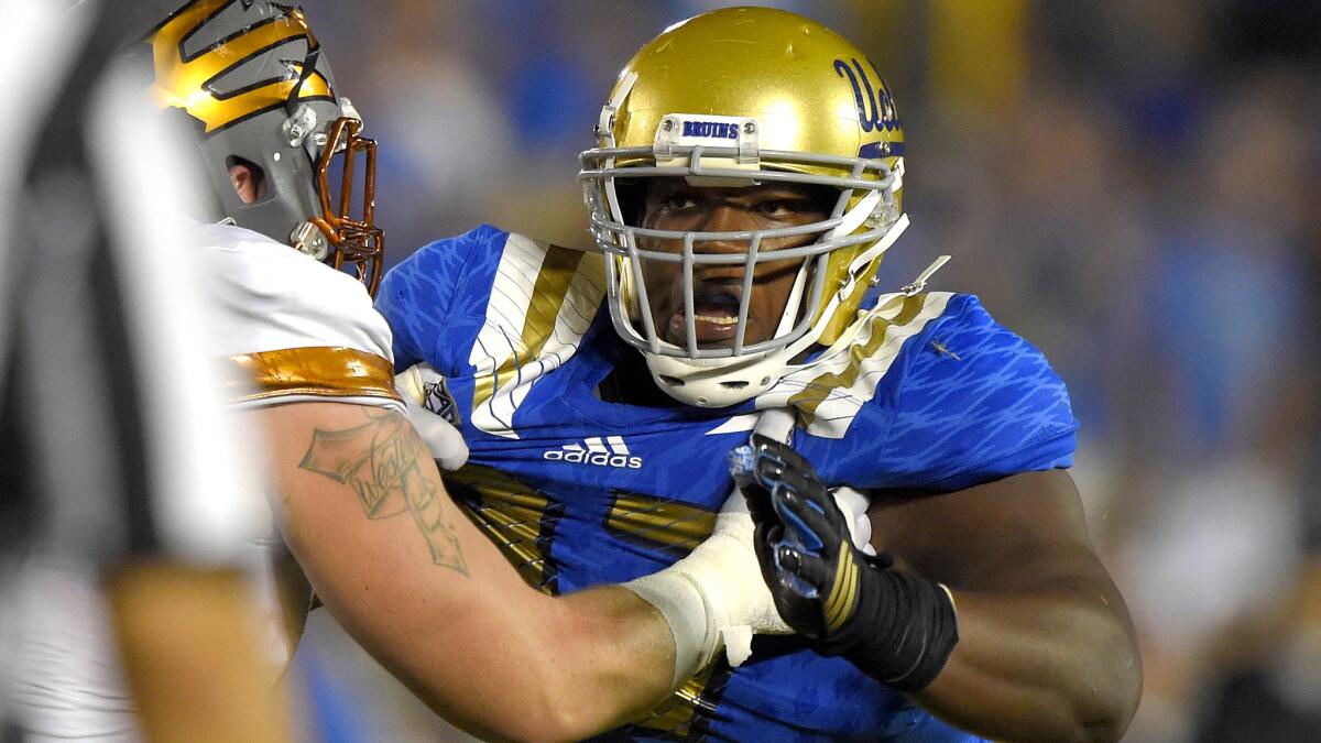 UCLA defensive lineman Kenny Clark, shown against Arizona State earlier this season, will keep USC's offensive line more than occupied Saturday.