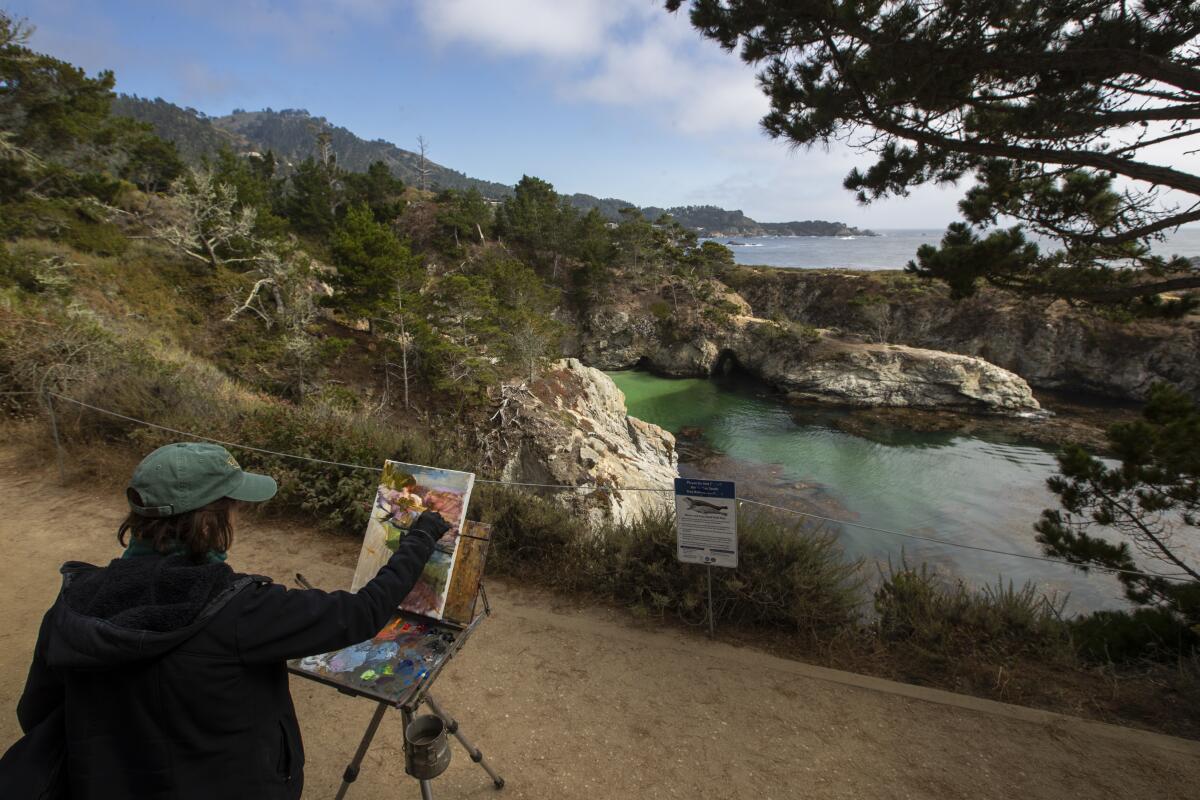 A plein-air painter at her canvas above China Cove at Point Lobos State Natural Reserve.