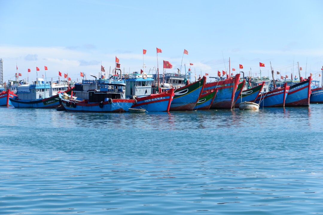 Fishing boats are docked in the harbor at Ly Son, Vietnam.