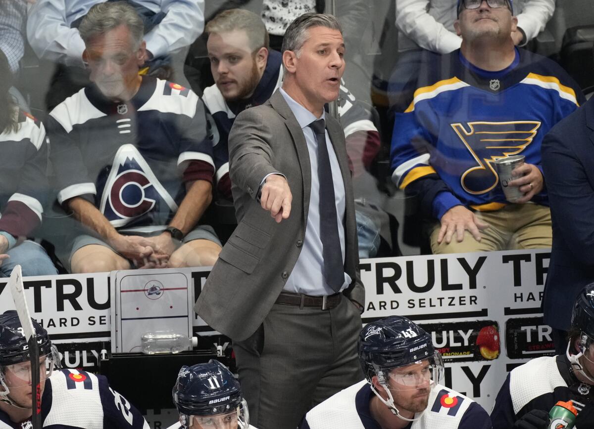 FILE - Colorado Avalanche head coach Jared Bednar directs his team in the third period of an NHL hockey game against the St. Louis Blues on April 26, 2022, in Denver. Bednar has a chance to become the first head coach to win the Kelly Cup, the Calder Cup and the Stanley Cup. (AP Photo/David Zalubowski, File)