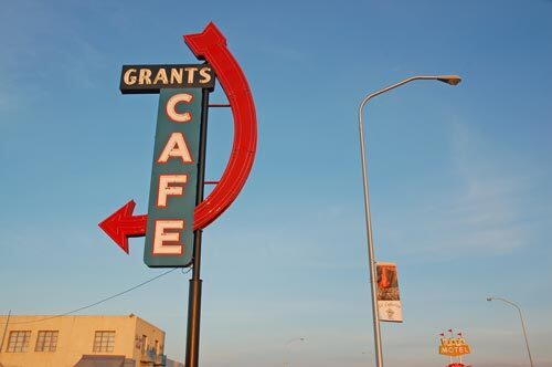 Passing through Grants, N.M., Route 66 passes bold-hued landmarks such as Grants Cafe and the Sands Motel.