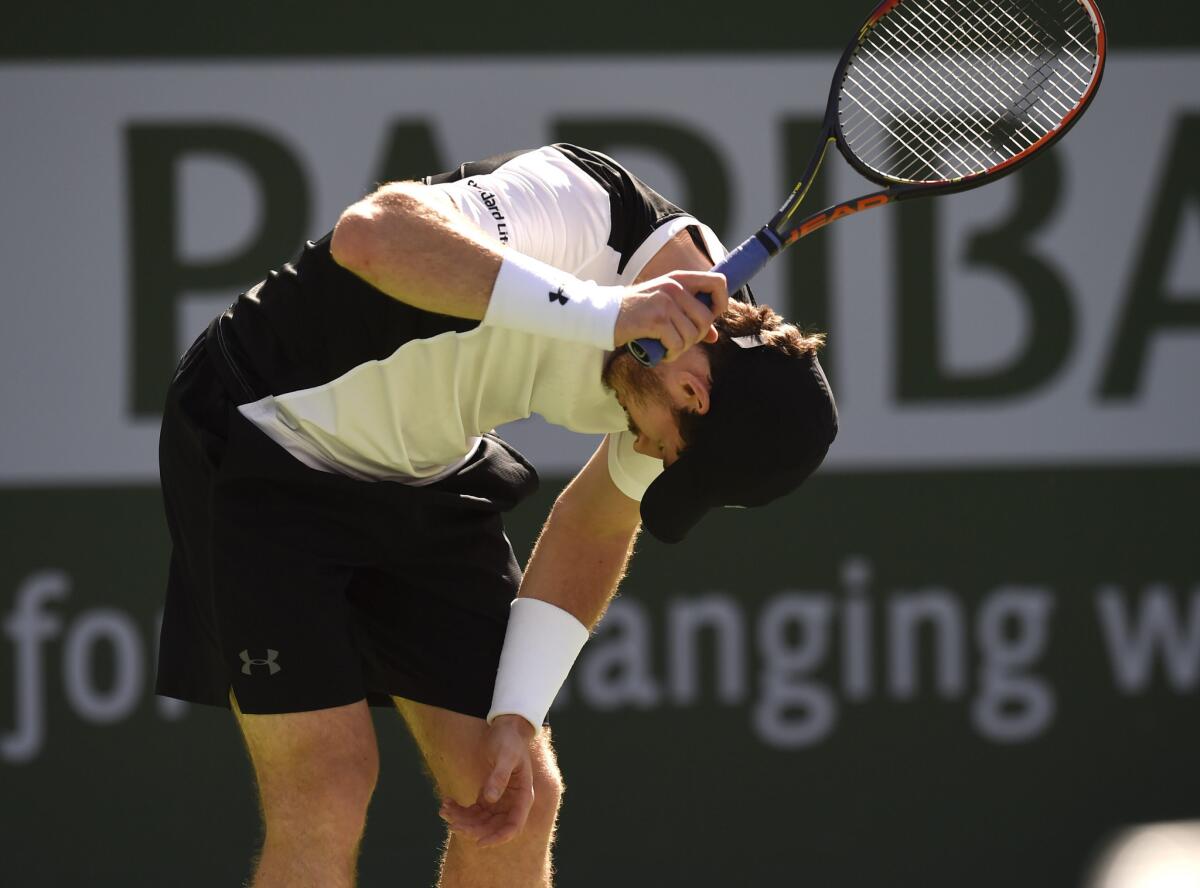 Andy Murray reacts after losing a point against Federico Delbonis during their third round match at the BNP Paribas Open in Indian Wells.