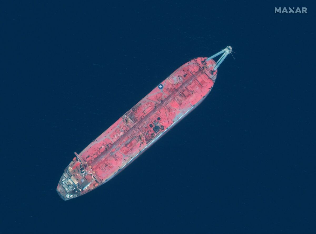 FILE - This satellite image provided by Maxar Technologies shows the FSO Safer tanker moored off Ras Issa port, Yemen on June 17, 2020. David Gressly, the U.N. humanitarian coordinator for Yemen, said Wednesday, May 11, 2022, that the U.N. is seeking $144 million needed to fund the salvage operation of the FSO Safer, a decaying tanker full of oil moored off the coast of Yemen. The ship's demise could cause an environmental disaster. (Maxar Technologies via AP, File)