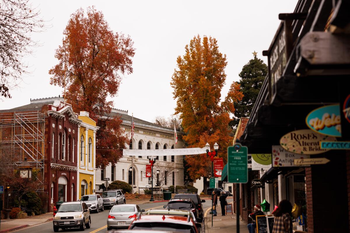 Street scene shows trees with fall colors, cars and old buildings