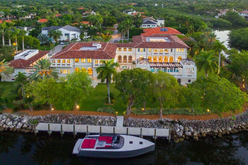 Built in 2016, the 17,000-square-foot villa enjoys 480 feet of frontage on a waterway that leads to Biscayne Bay.