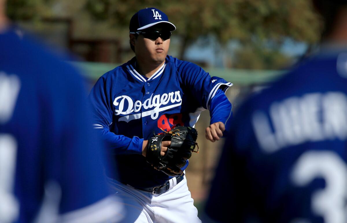 Dodgers pitcher Hyun-Jin Ryu works on his fielding during a spring training workout in March. He made one start this season.