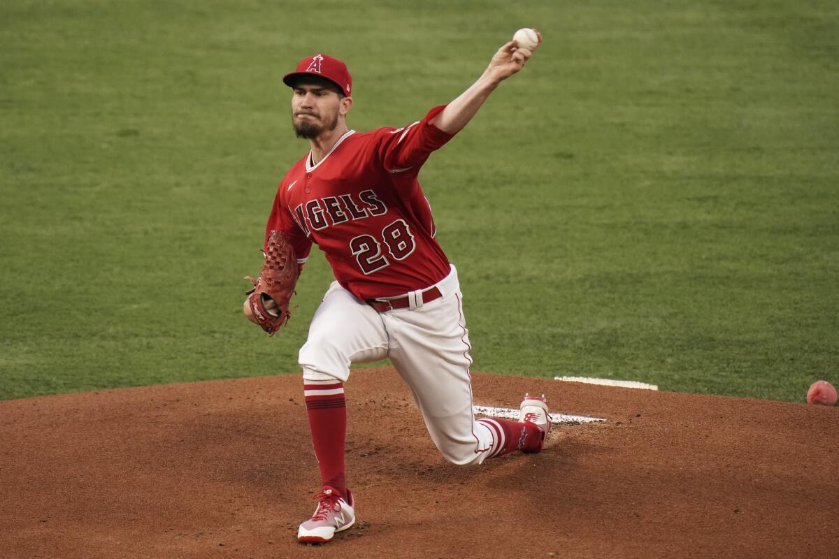 Angels starting pitcher Andrew Heaney delivers against the Tampa Bay Rays earlier this month.