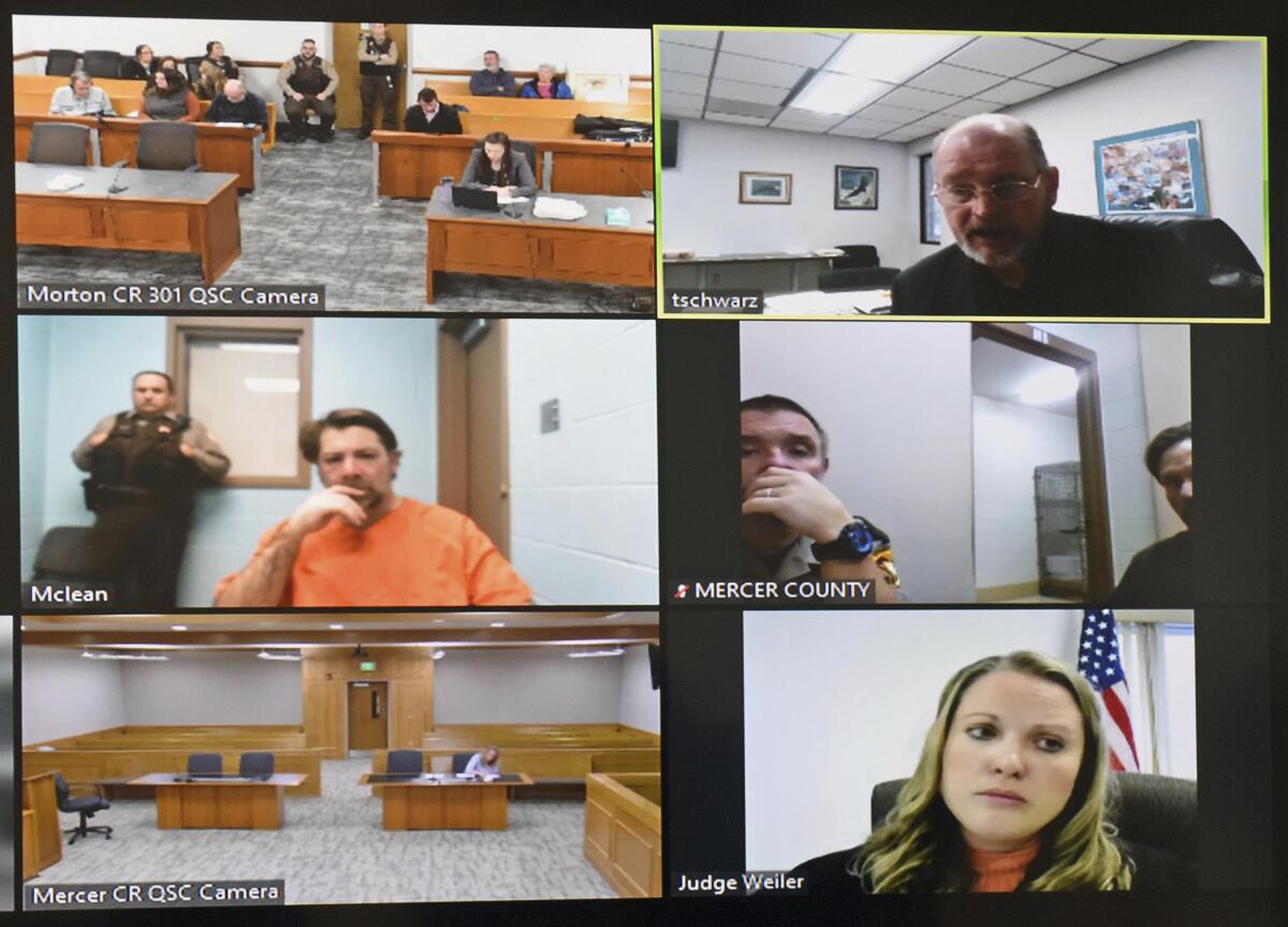A grid of six photos showing people involved in a court hearing