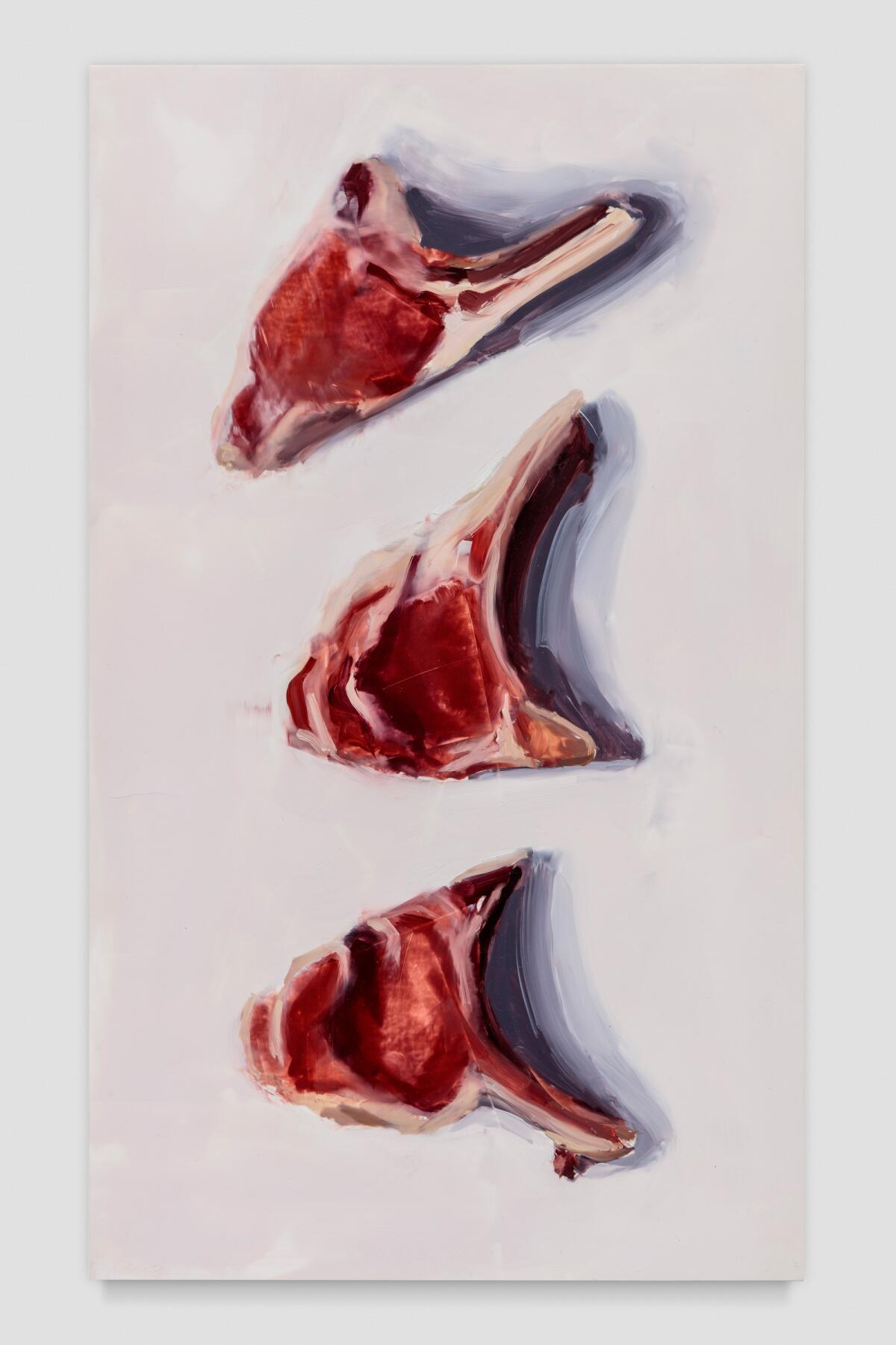 An artwork featuring three painted lamb chops arranged vertically on a white background