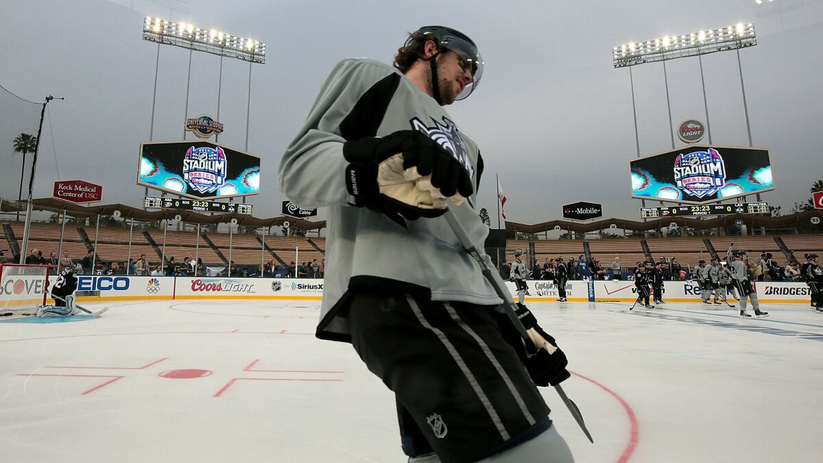 Kings center Anze Kopitar skates during a practice session for the team's outdoor game at Dodger Stadium against the Ducks in 2014.