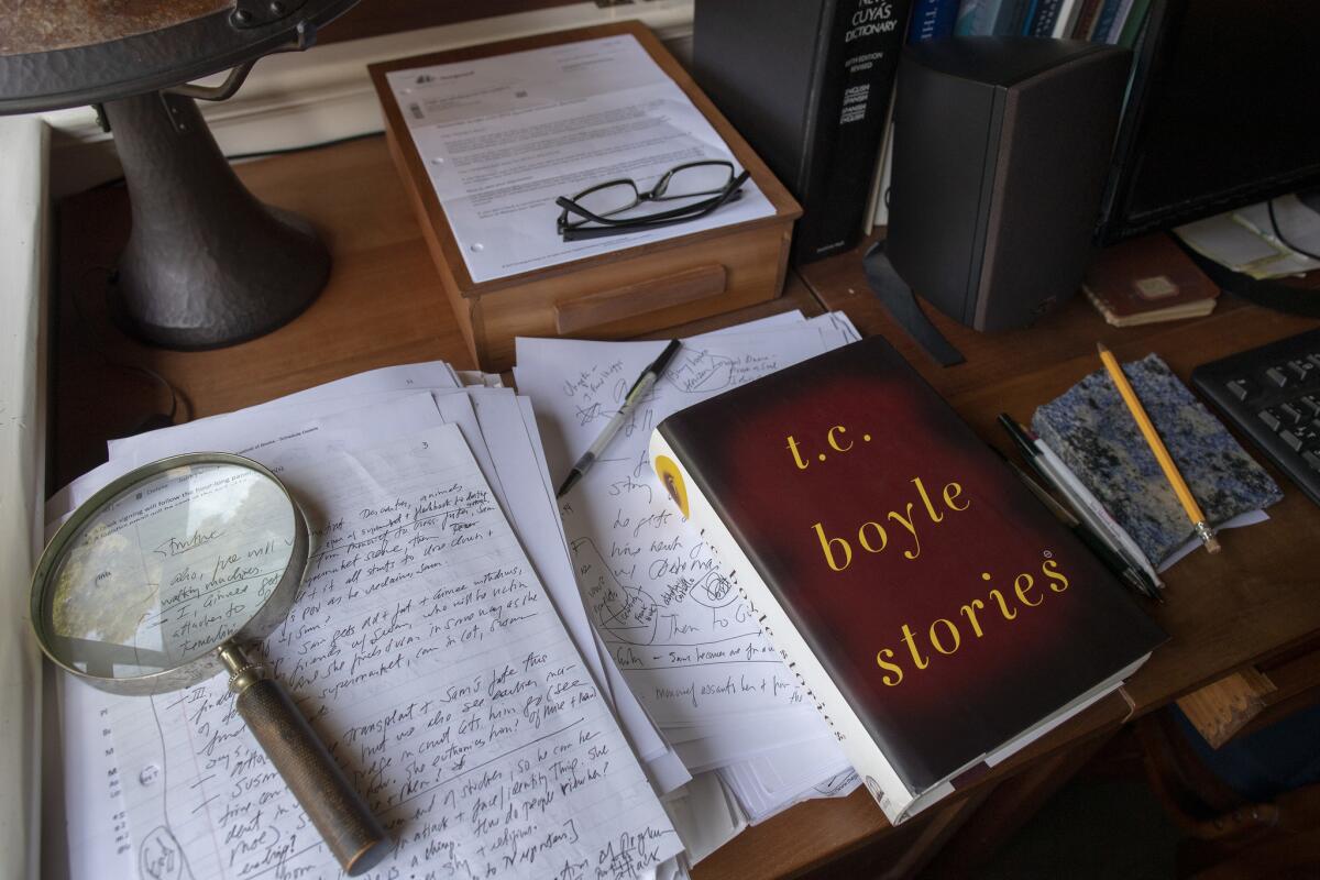 The desktop in novelist T. C. Boyle's upstairs writing space at his home in Montecito, Calif.