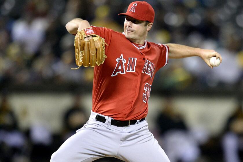 Angels reliever Wade LeBlanc was the odd man out of the bullpen after pitching 6 1/3 innings on Friday night against the A's.