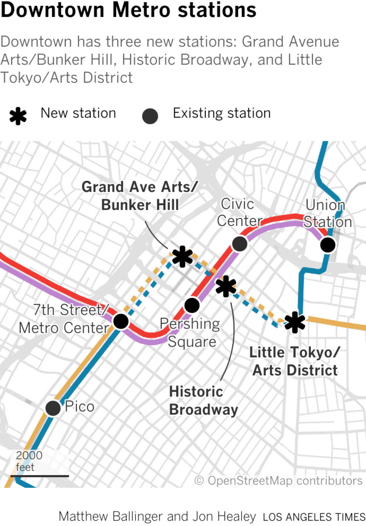 Map locates seven downtown Metro rail stations, including the three new ones.