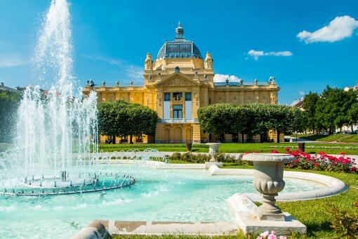 A photo of art pavilion and fountain in Zagreb, capital of Croatia.