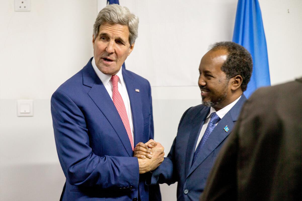 Secretary of State John F. Kerry meets with Somali President Hassan Sheik Mohamud at the airport in Mogadishu on May 5.