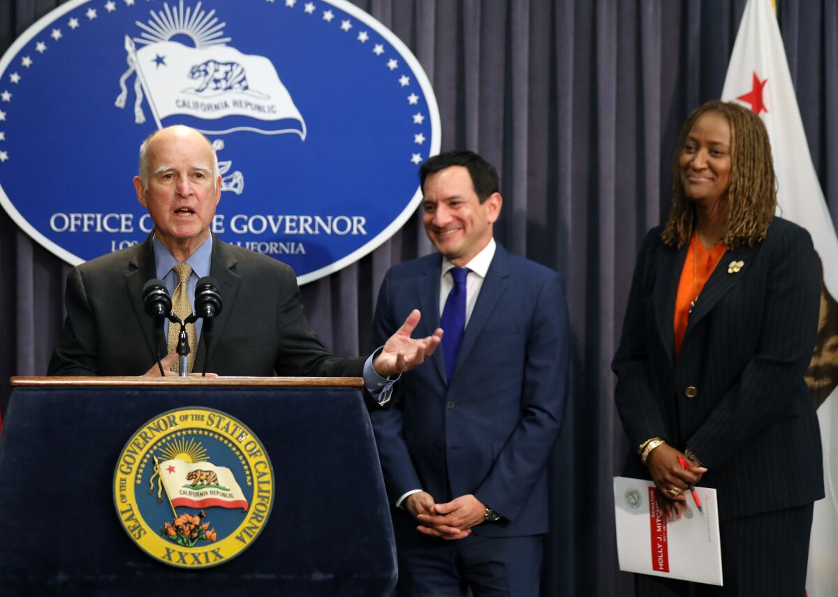 Former Gov. Jerry Brown, Assembly Speaker Anthony Rendon and state Sen. Holly Mitchell