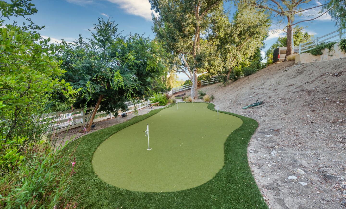 The putting green is down a slope with trees nearby.