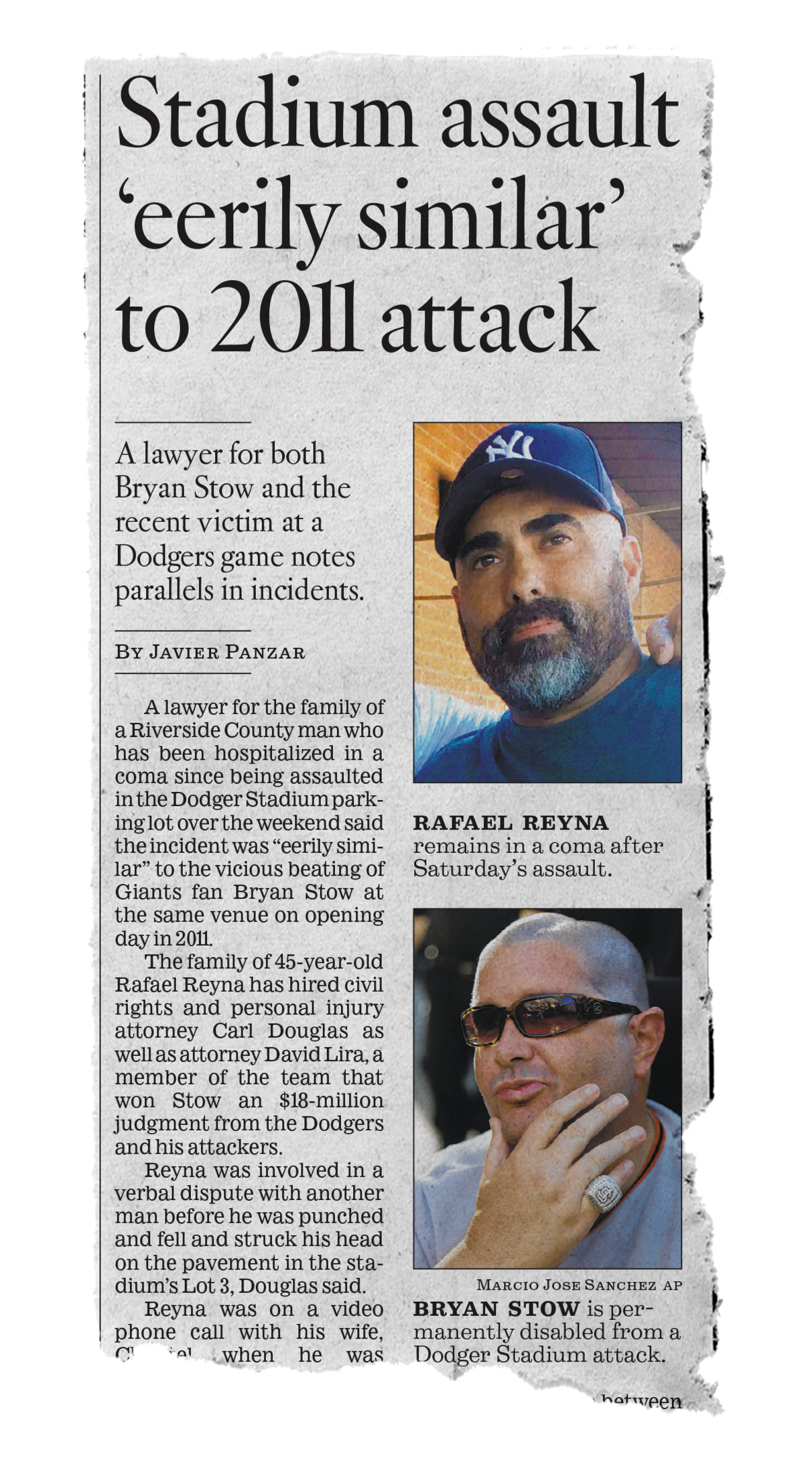 A newspaper clipping for an old story, with the headline "Stadium assault 'eerily similar' to 2011 attack