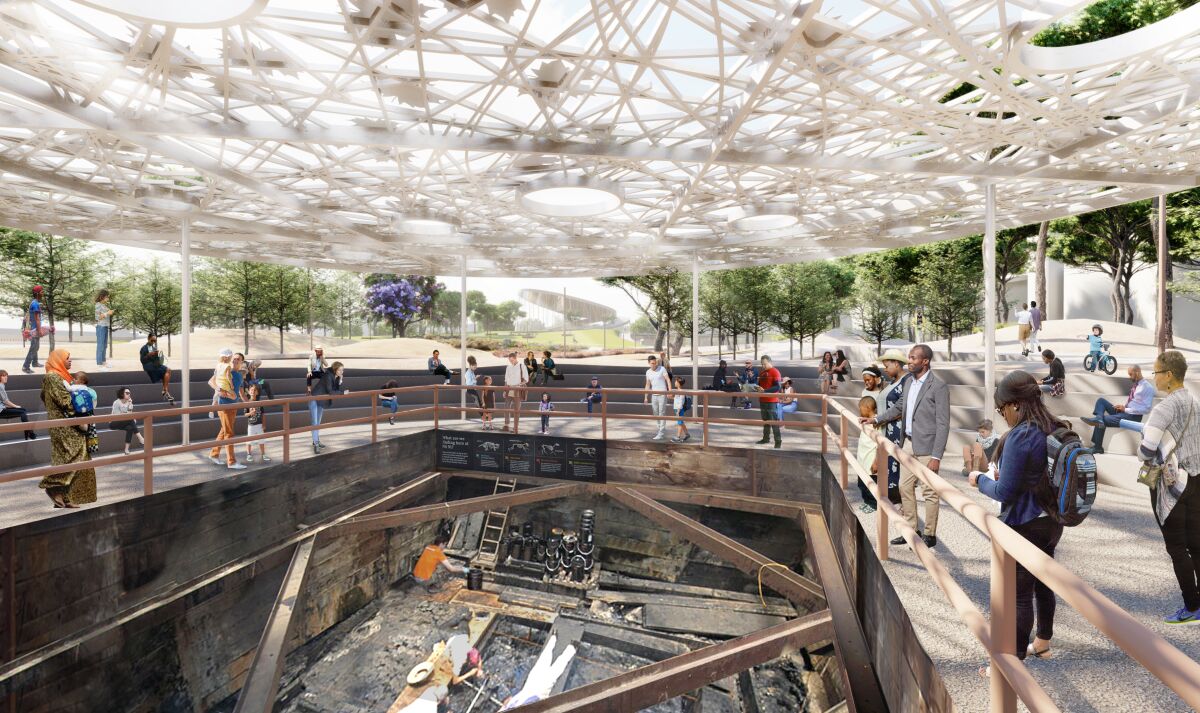 A rendering shows people gathered under a shade structure overlooking an archaeological excavation