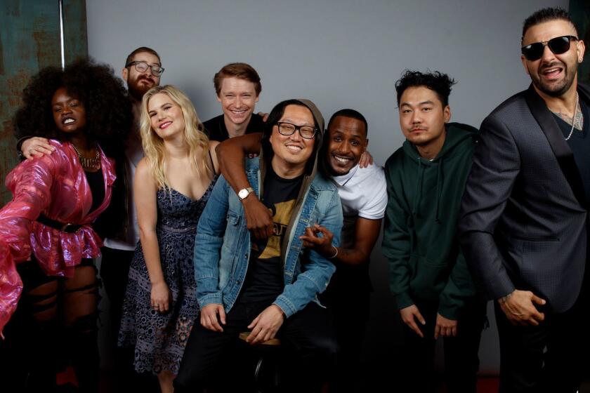 TORONTO, ON, CA--FRIDAY, SEPTEMBER 08, 2017- Shoniqua Shandai, Kid Twist, Rory Uphold, Calum Worthy, director Joseph Kahn, Jackie Long, Dumbfounded, Dizaster, from the film "Bodied," photographed at the L.A. Times HQ at the 42nd Toronto International Film Festival, in Toronto, Ontario, Canada, on Friday, Sept. 08, 2017. (Jay L. Clendenin / Los Angeles Times)