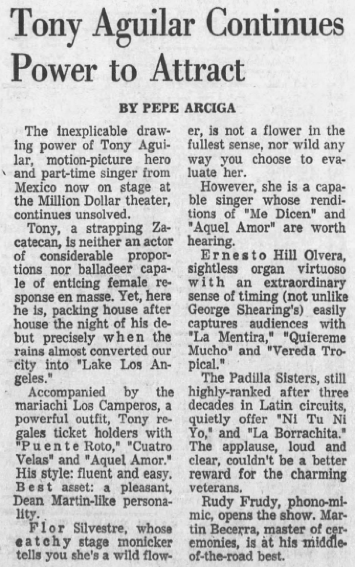 Reseña de 1966 publicada en Los Angeles Times, de un concierto de Antonio Aguilar en el Million Dollar Theater.