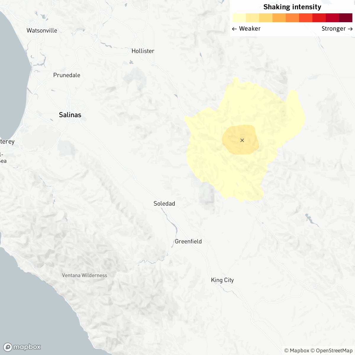 An earthquake was reported Tuesday at 12:22 p.m. 17 miles from Soledad, Calif., according to the U.S. Geological Survey.