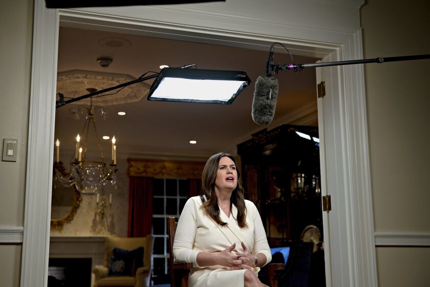 Gov. Sarah Huckabee Sanders, R-Ark., speaks while delivering the Republican response to President Biden's State of the Union address, Tuesday, Feb. 7, 2023, in Little Rock, Ark. (Al Drago/Bloomberg, Pool)