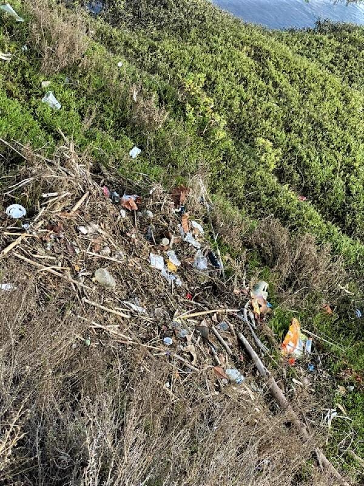 A pile of trash and debris, seen Monday at Huntington Beach's Brookhurst Marsh, was washed up by recent storms.