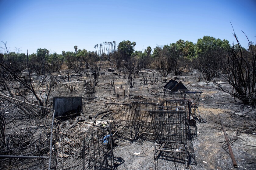 FILE - In this Wednesday, July 31, 2019, file photo, burned shopping carts are left behind after a fire in the Sepulveda Basin burned through brush and a homeless encampment in Van Nuys, Calif. Authorities say fires linked to homeless tents and camps are raising concern in Los Angeles, where they have claimed seven lives and caused tens of millions of dollars in damage to nearby businesses. The Los Angeles Times says the Fire Department handled 24 such fires a day in the first quarter of this year. (Sarah Reingewirtz/The Orange County Register via AP, File)