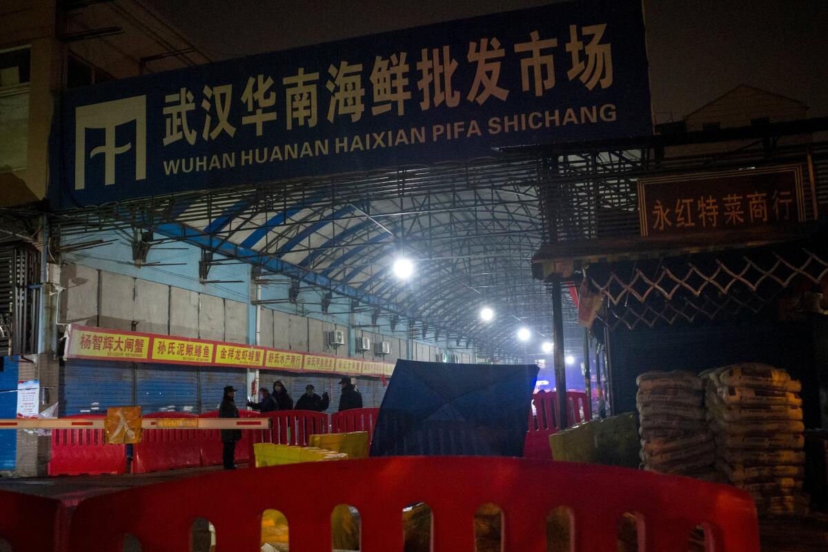 Security guards stand in front of the closed Huanan Seafood Wholesale Market in Wuhan in January 2020.