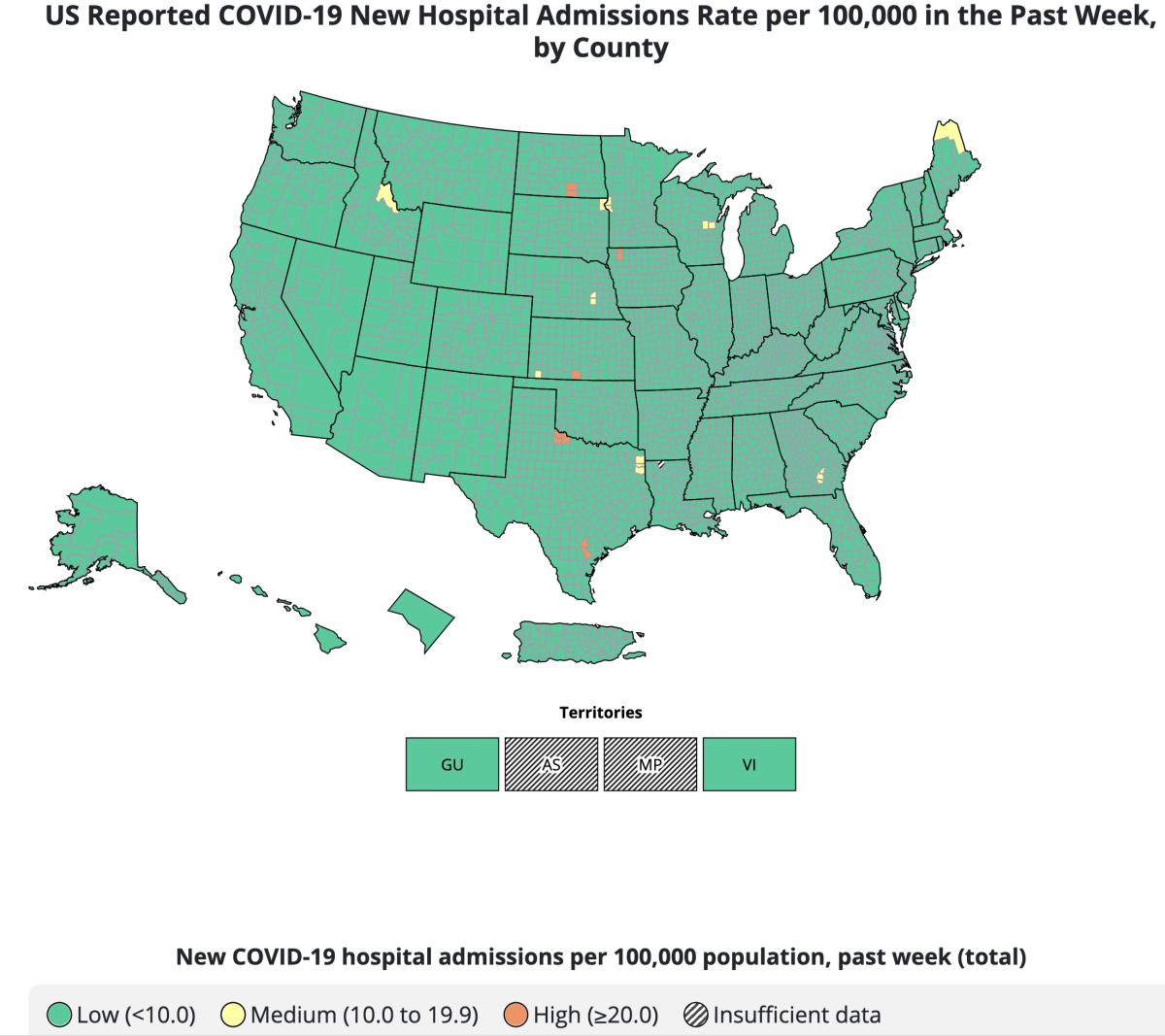 A map of weekly coronavirus-positive hospitalizations shows much of the nation in green, including L.A. County.