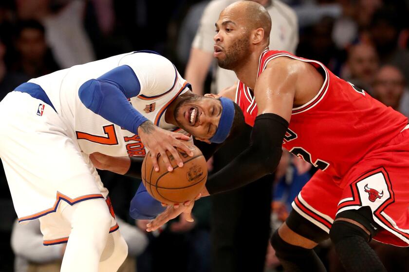 Forward Carmelo Anthony (7) is staying with the Knicks but Bulls forward Taj Gibson appears to be heading to the Thunder on trade-deadline day.
