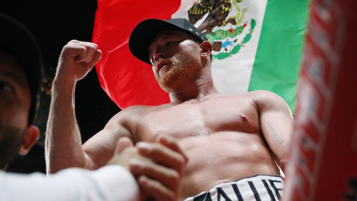 Canelo Alvarez celebrates after defeating Daniel Jacobs in a middleweight title match in Las Vegas on May 4.